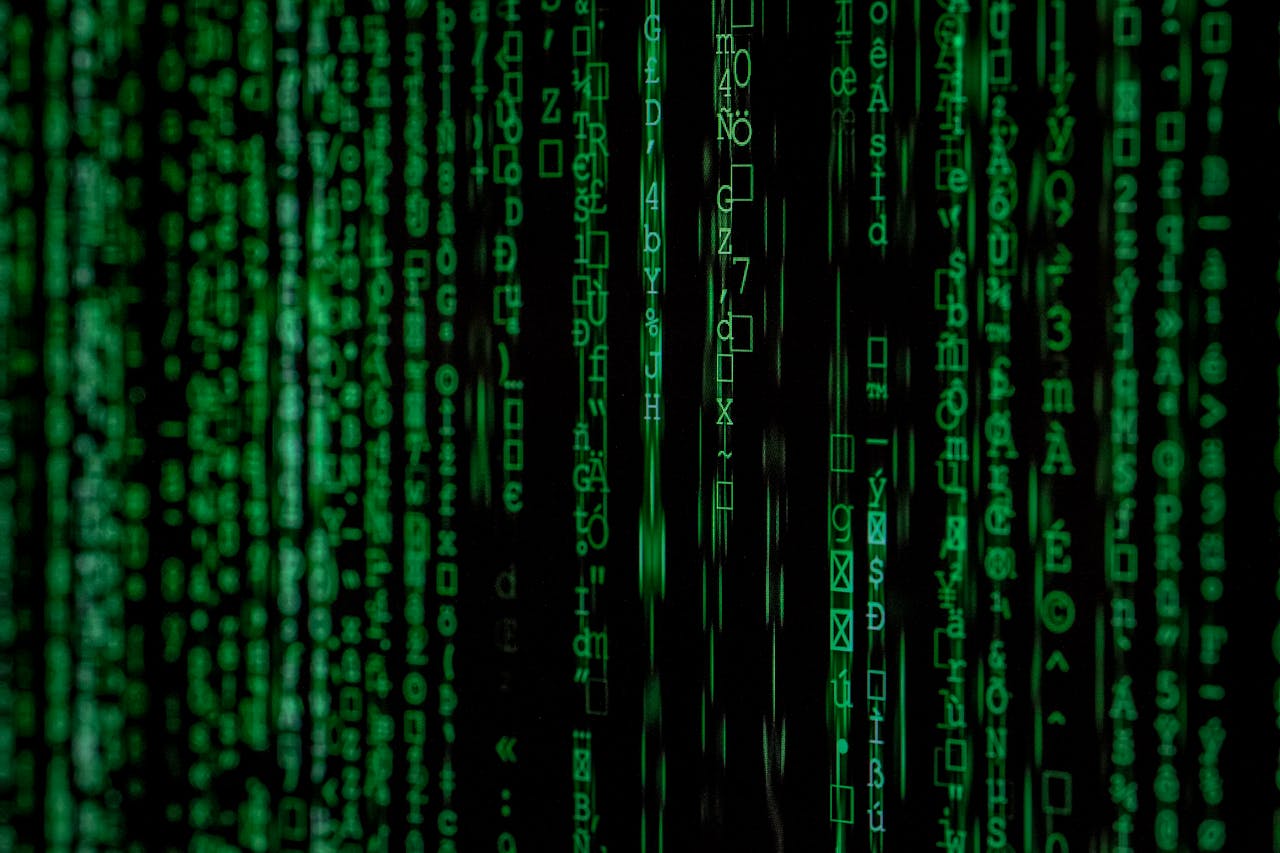 Usługi Abstract green matrix code background with binary style.