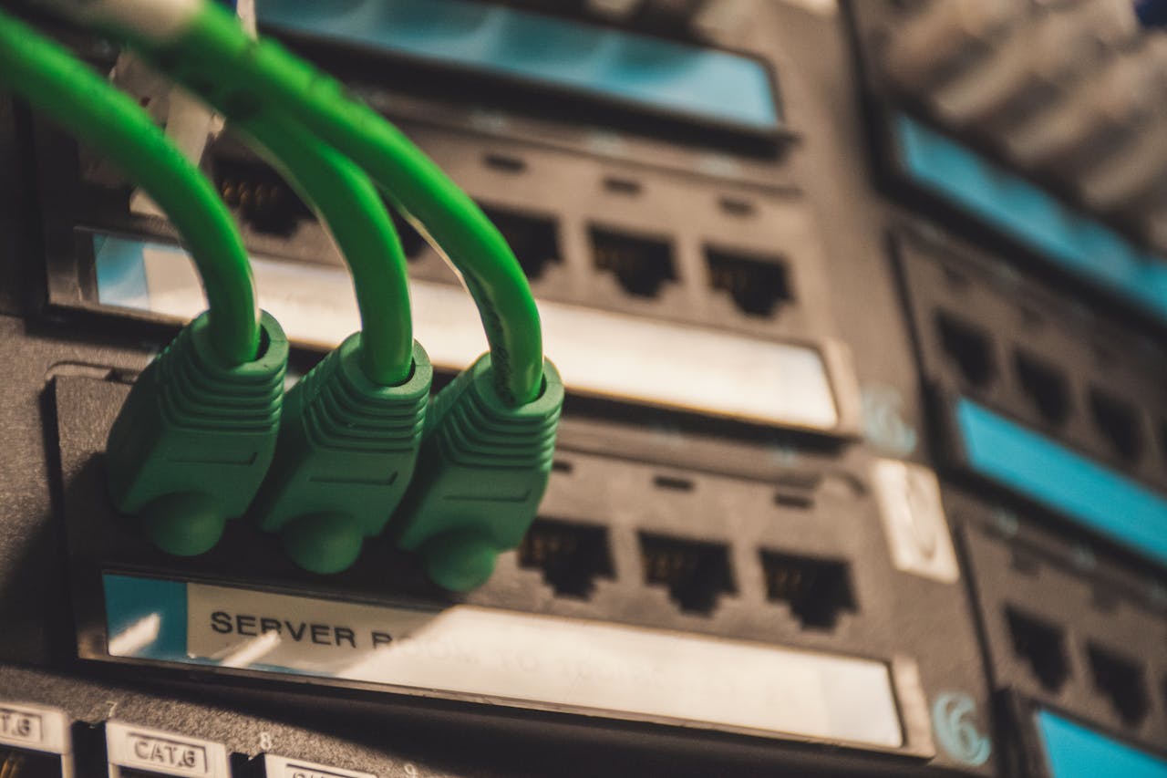 Usługi Close-up of green network cables plugged into server ports, showcasing technology setup.